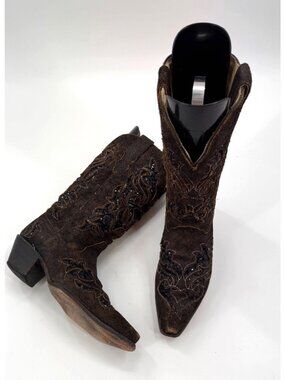 Corral Vintage Distressed Brown Leather Floral Embroidered Cowboy Boots Womens10